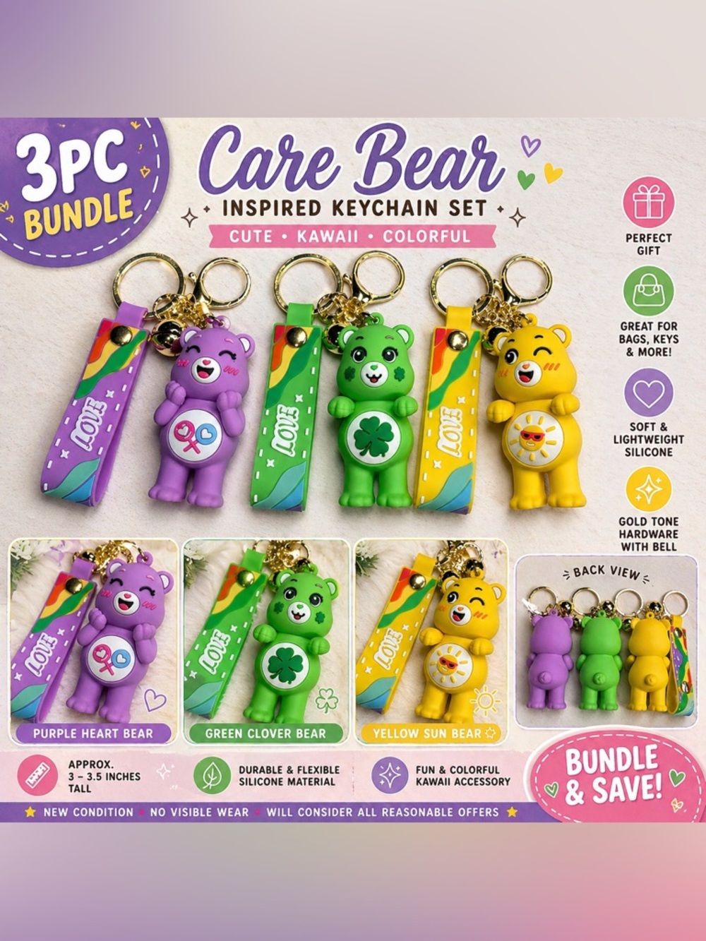 3pc Care Bear Inspired Keychain Bundle Cute Kawaii Bear Charms w/ LOVE Straps